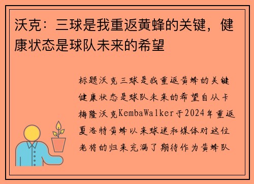 沃克：三球是我重返黄蜂的关键，健康状态是球队未来的希望