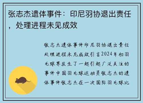 张志杰遗体事件：印尼羽协退出责任，处理进程未见成效