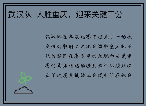 武汉队-大胜重庆，迎来关键三分