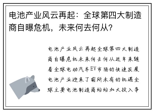 电池产业风云再起：全球第四大制造商自曝危机，未来何去何从？