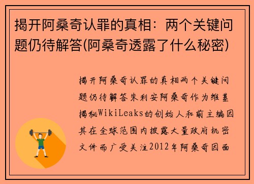 揭开阿桑奇认罪的真相：两个关键问题仍待解答(阿桑奇透露了什么秘密)