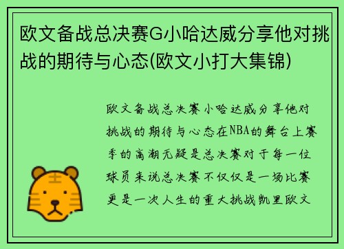 欧文备战总决赛G小哈达威分享他对挑战的期待与心态(欧文小打大集锦)