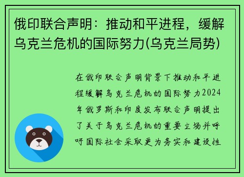俄印联合声明：推动和平进程，缓解乌克兰危机的国际努力(乌克兰局势)